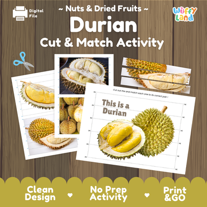 Durian cut and match activity cover showing printable fine motor puzzle sheets and fruit photographs