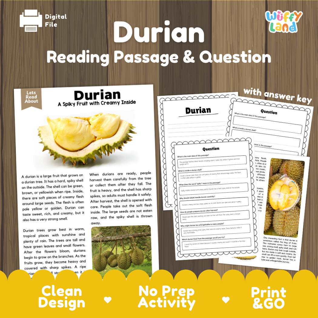 Durian reading comprehension passage and questions printable activity pack with answer key for elementary students