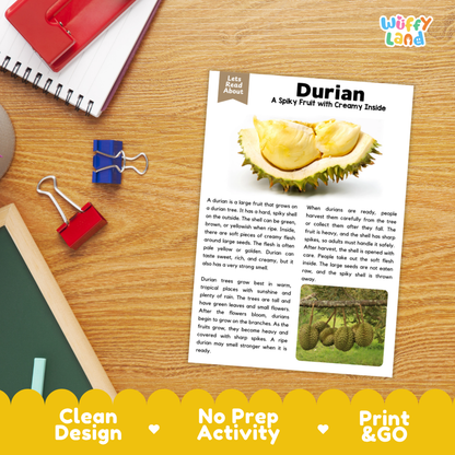 Student reading comprehension worksheet with short-answer questions and lined sections about the durian fruit