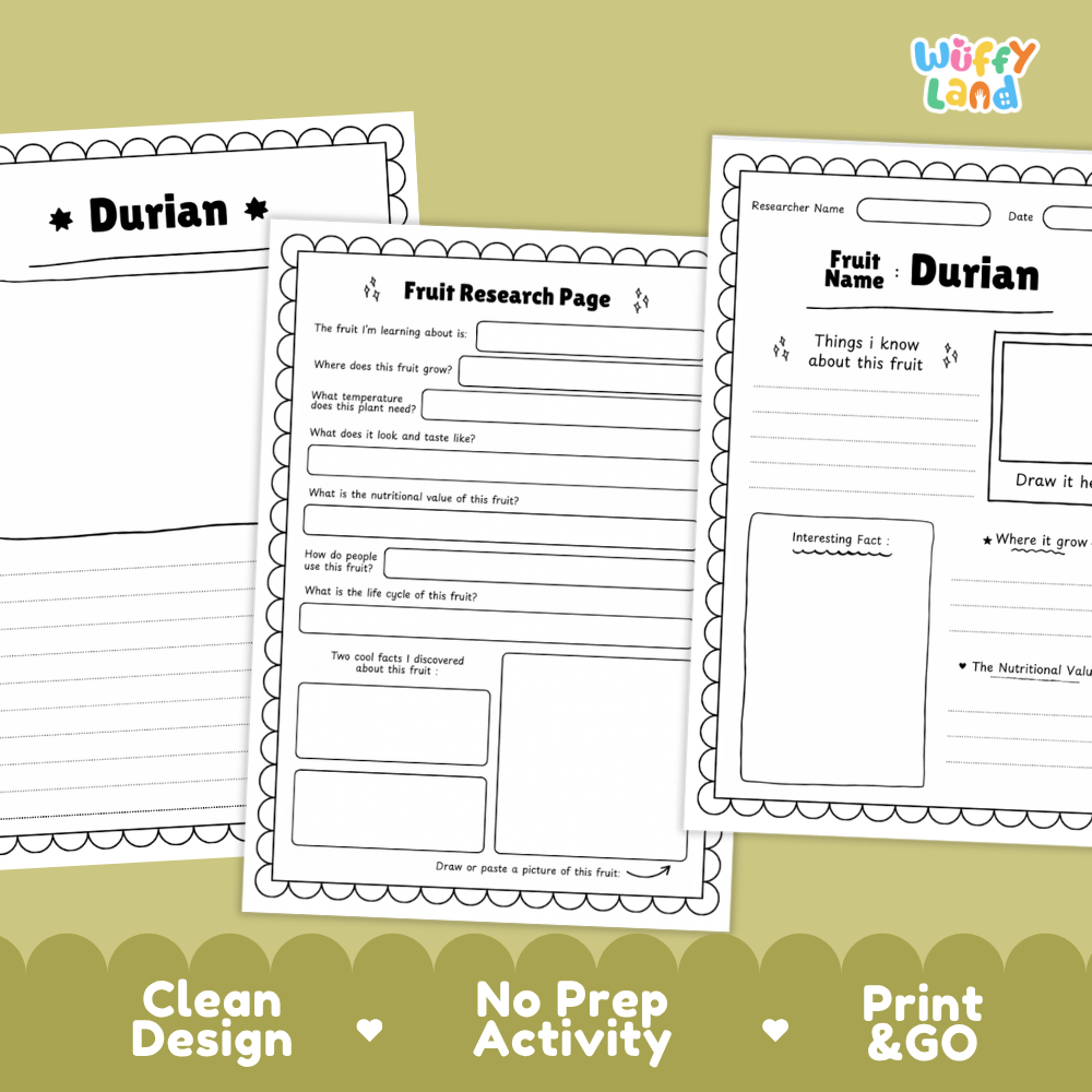 Three printable fruit research activity sheets for 'Durian' are displayed on a light olive green background with a darker olive banner at the bottom. The sheets are white with black text and outlines, featuring sections for a fruit name, researcher name, date, observations, and a drawing area.