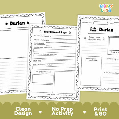 Three printable fruit research activity sheets for 'Durian' are displayed on a light olive green background with a darker olive banner at the bottom. The sheets are white with black text and outlines, featuring sections for a fruit name, researcher name, date, observations, and a drawing area.