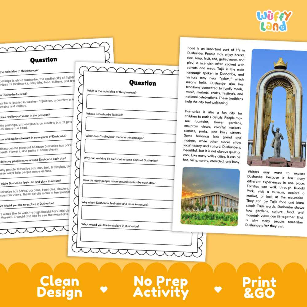 Student reading passage titled A City Near the Mountains detailing Dushanbe Tajikistan Rudaki Park National Museum trolleybuses and city photography