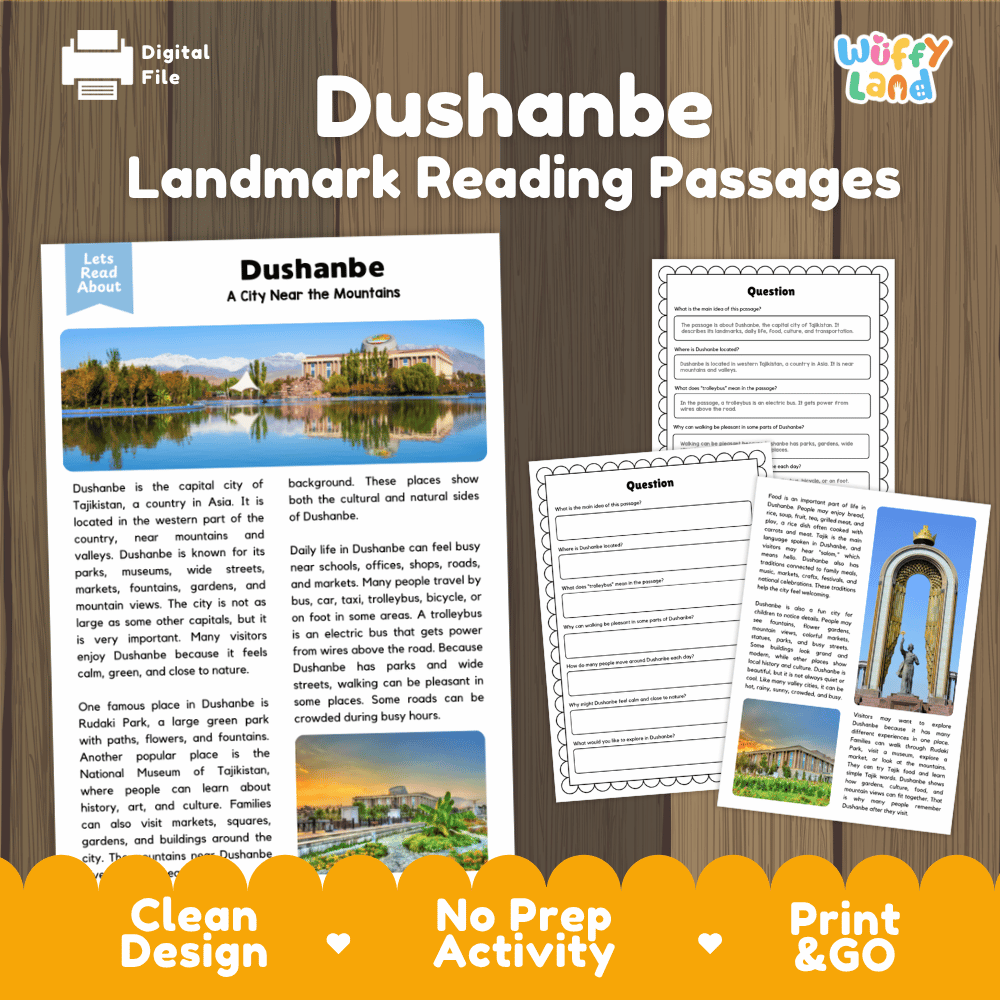 Dushanbe landmark reading passage and comprehension worksheet educational unit featuring nonfiction text and authentic Ismoil Somoni monument photography