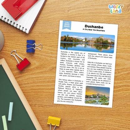 Lined reading comprehension question worksheet covering main ideas vocabulary terms and landmark facts about Dushanbe Tajikistan