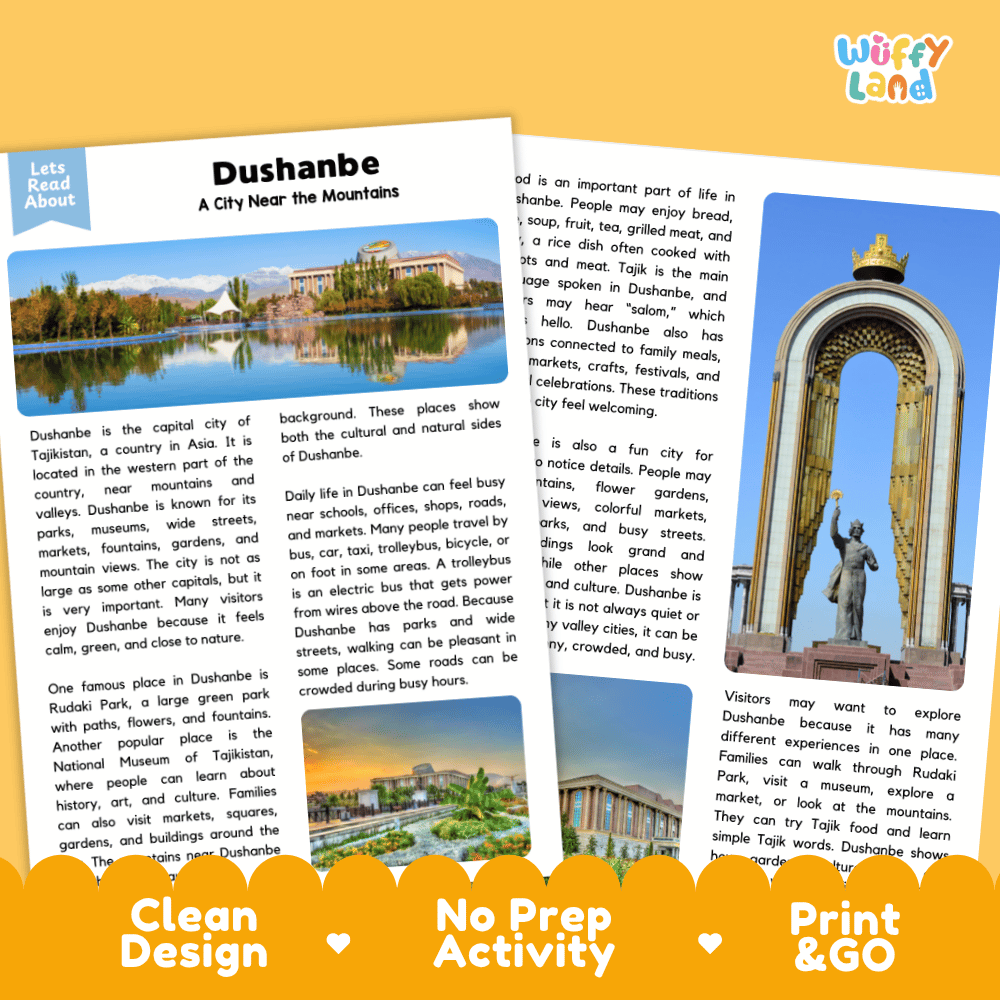 Reference sheet and answer key for Dushanbe landmark reading passage displaying completed comprehension answers and Central Asian geography facts
