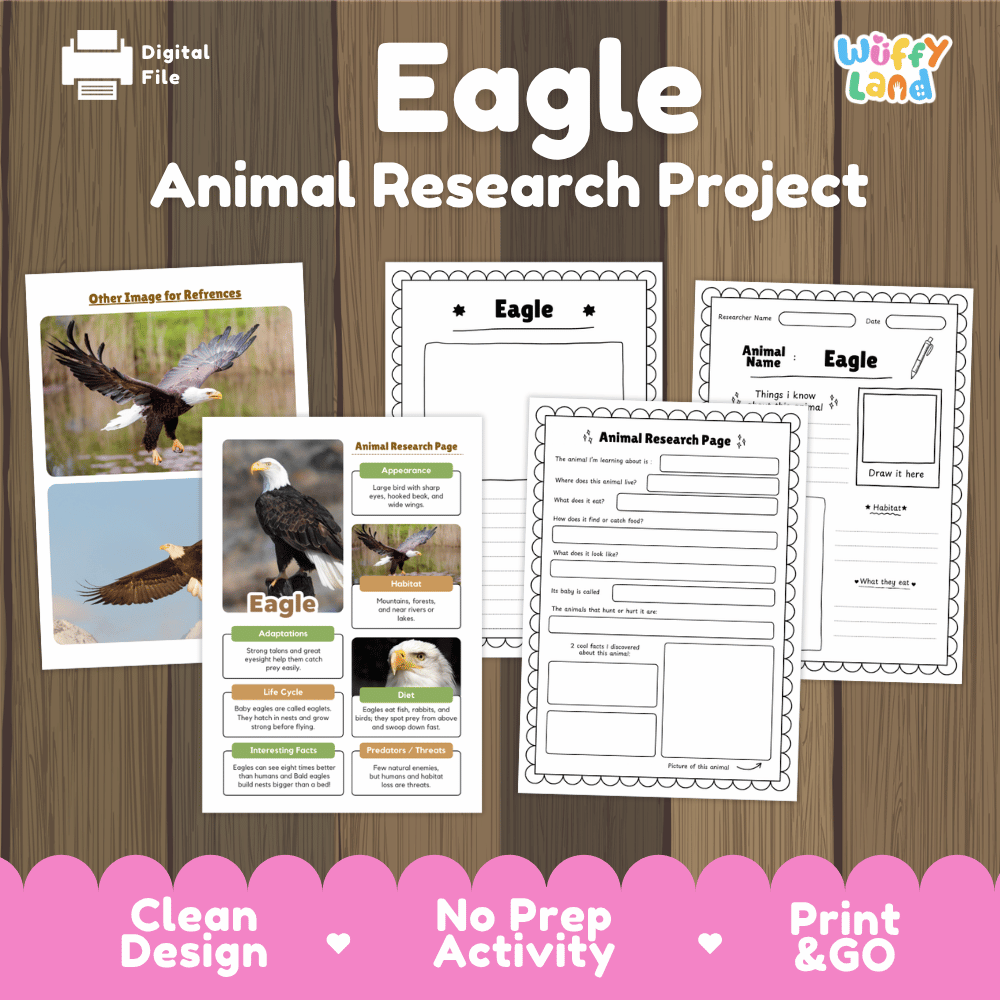 Eagle Animal Research Project digital worksheet bundle by Wiffy Land, featuring printable activity pages and reference cards displayed on a wood background with a pink banner at the bottom.