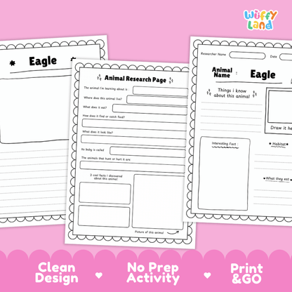 Three printable animal research activity sheets for kids are displayed on a pink background. The center sheet is titled 'Animal Research Page' and shows a sample 'Eagle' worksheet.