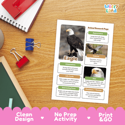 An educational activity sheet titled 'Animal Research Page' focused on 'Eagle', displayed on a wooden desk with school supplies. The sheet features a large eagle photo and text boxes for appearance, habitat, adaptations, life cycle, diet, and interesting facts.