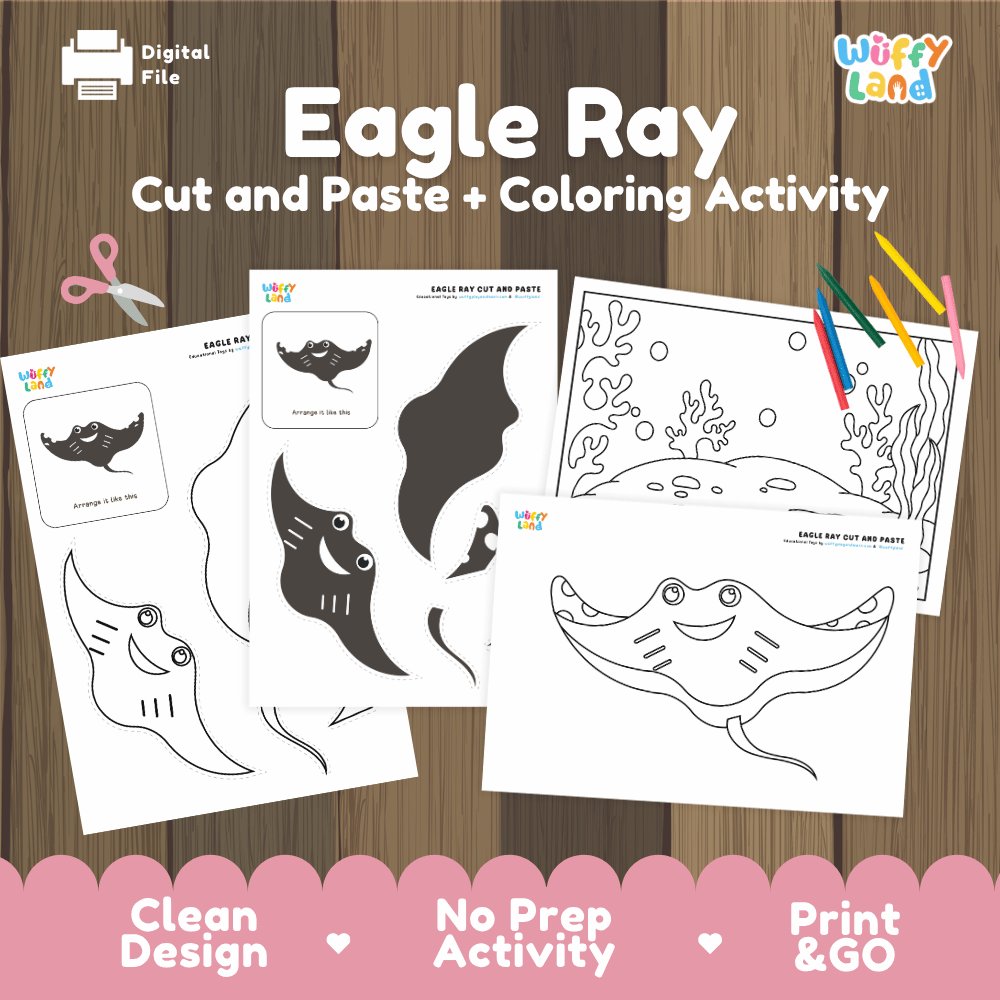 Eagle Ray Cut and Paste Craft and Coloring Activity Worksheets