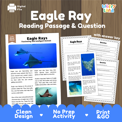 Digital educational activity sheet set titled 'Eagle Ray Reading Passage & Question' on a wood background. The set includes a reading passage with eagle ray images, worksheet pages with writing and question sections, and a 'with answer key' pointer.