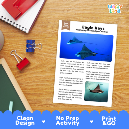 An educational reading activity sheet titled 'Eagle Rays' with two animal photos and text, displayed on a wooden desk with notebooks and binder clips. A blue banner at the bottom reads 'Clean Design', 'No Prep Activity', and 'Print & GO'.