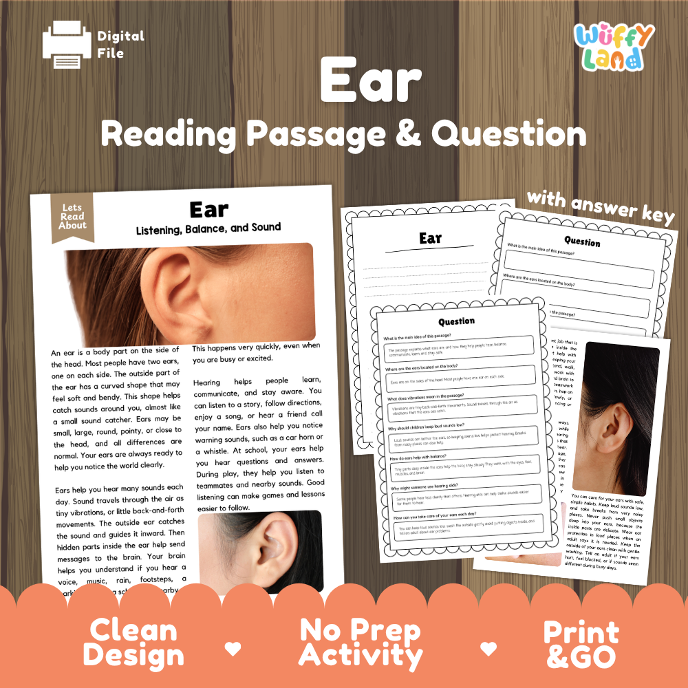 Ear reading comprehension passage and questions printable activity pack with answer key for elementary students