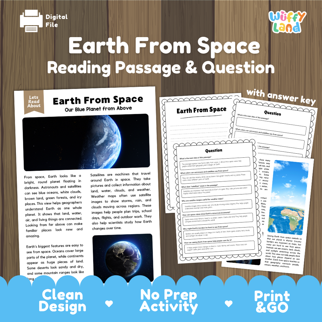 Earth from space reading comprehension passage and questions printable activity pack with answer key for elementary students
