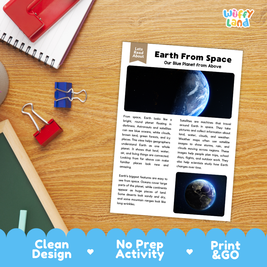 Student reading comprehension worksheet with short-answer questions and lined sections about Earth from space