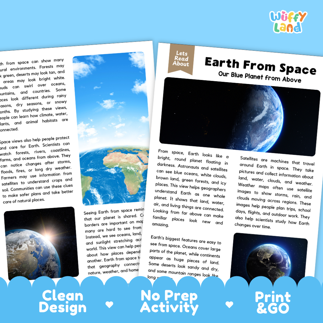 Teacher answer key page showing complete question solutions for Earth from space reading comprehension practice
