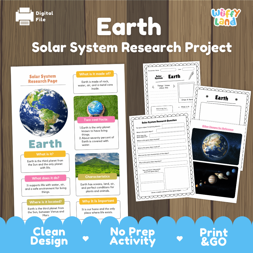 Digital activity sheet set for a 'Earth Solar System Research Project' by Wiffly Land, featuring a wooden background with a blue banner at the bottom. The set includes a 'Solar System Research Page' with colorful text and images, two 'Earth' worksheet pages, and a 'Solar System Research Questions' sheet.