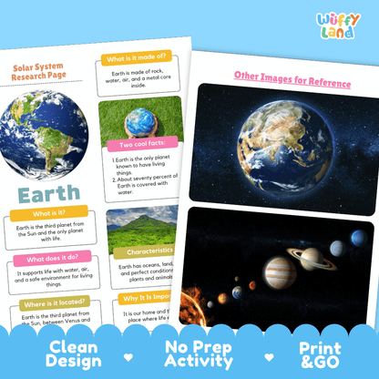 Solar System Research Page activity sheet from Wiffly Land, featuring a blue and white layout with colorful text boxes, a globe illustration, and reference images of Earth and outer space on a light blue background.