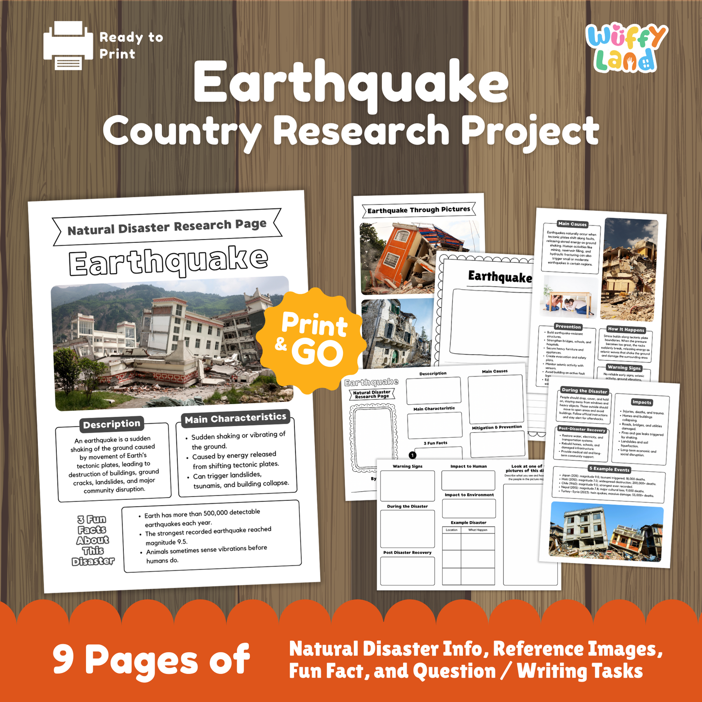 Printable earthquake research project for kids featuring fact pages, worksheets, diagrams, writing prompts, and example photos about earthquake causes, effects, prevention, warning signs, and recovery.
