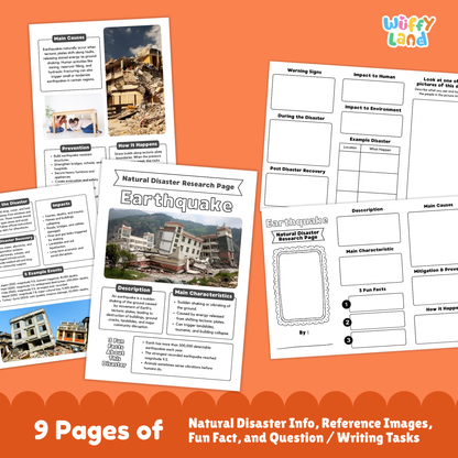 Printable earthquake research project for kids featuring fact pages, worksheets, diagrams, writing prompts, and example photos about earthquake causes, effects, prevention, warning signs, and recovery.