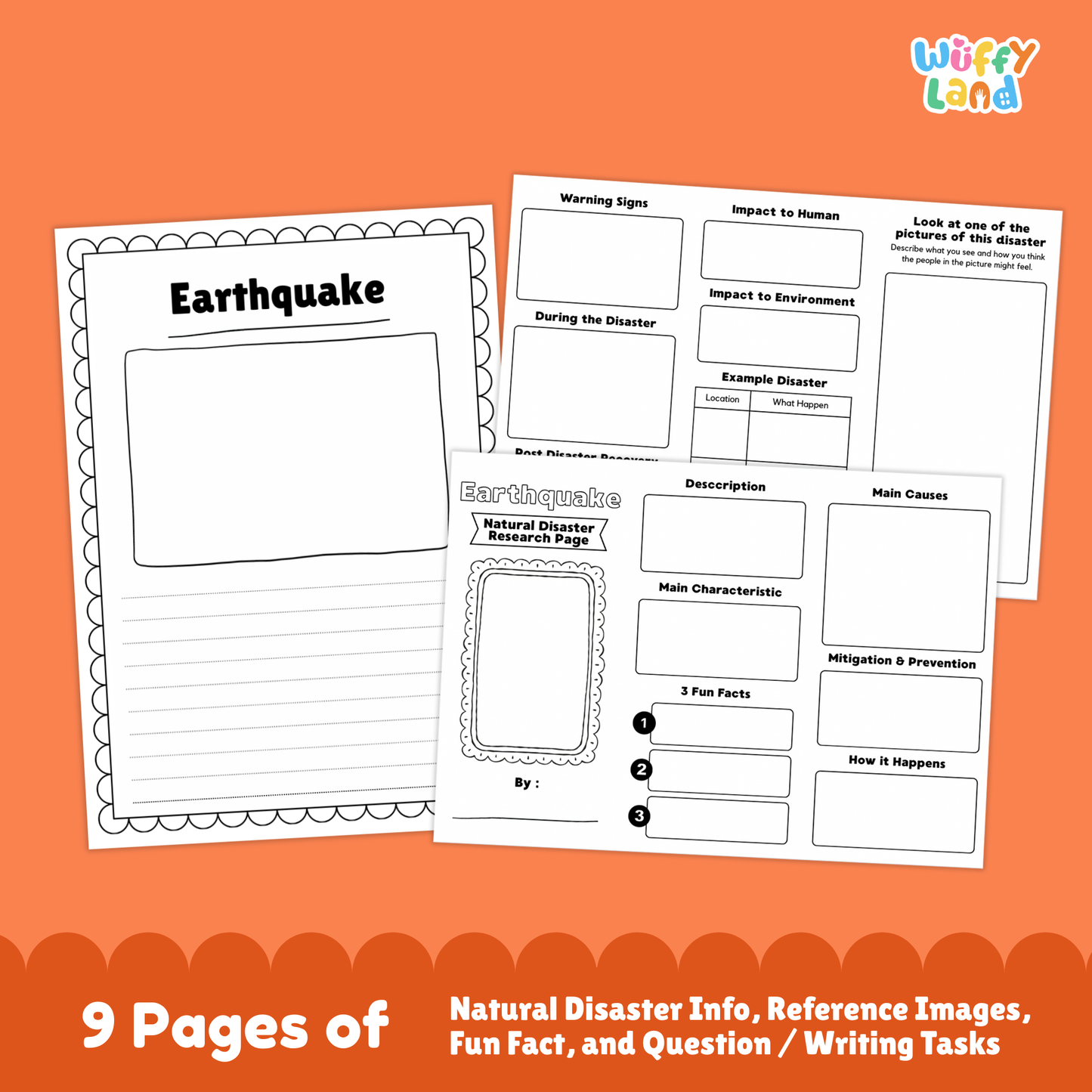 Printable earthquake research project for kids featuring fact pages, worksheets, diagrams, writing prompts, and example photos about earthquake causes, effects, prevention, warning signs, and recovery.