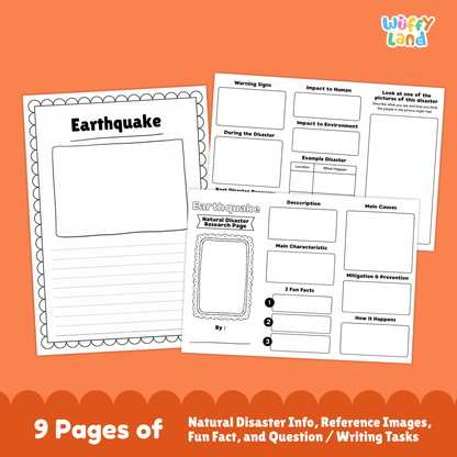 Printable earthquake research project for kids featuring fact pages, worksheets, diagrams, writing prompts, and example photos about earthquake causes, effects, prevention, warning signs, and recovery.