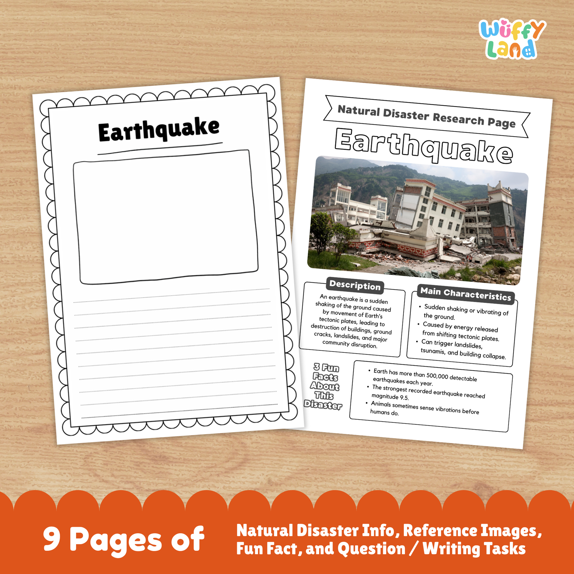 Printable earthquake research project for kids featuring fact pages, worksheets, diagrams, writing prompts, and example photos about earthquake causes, effects, prevention, warning signs, and recovery.