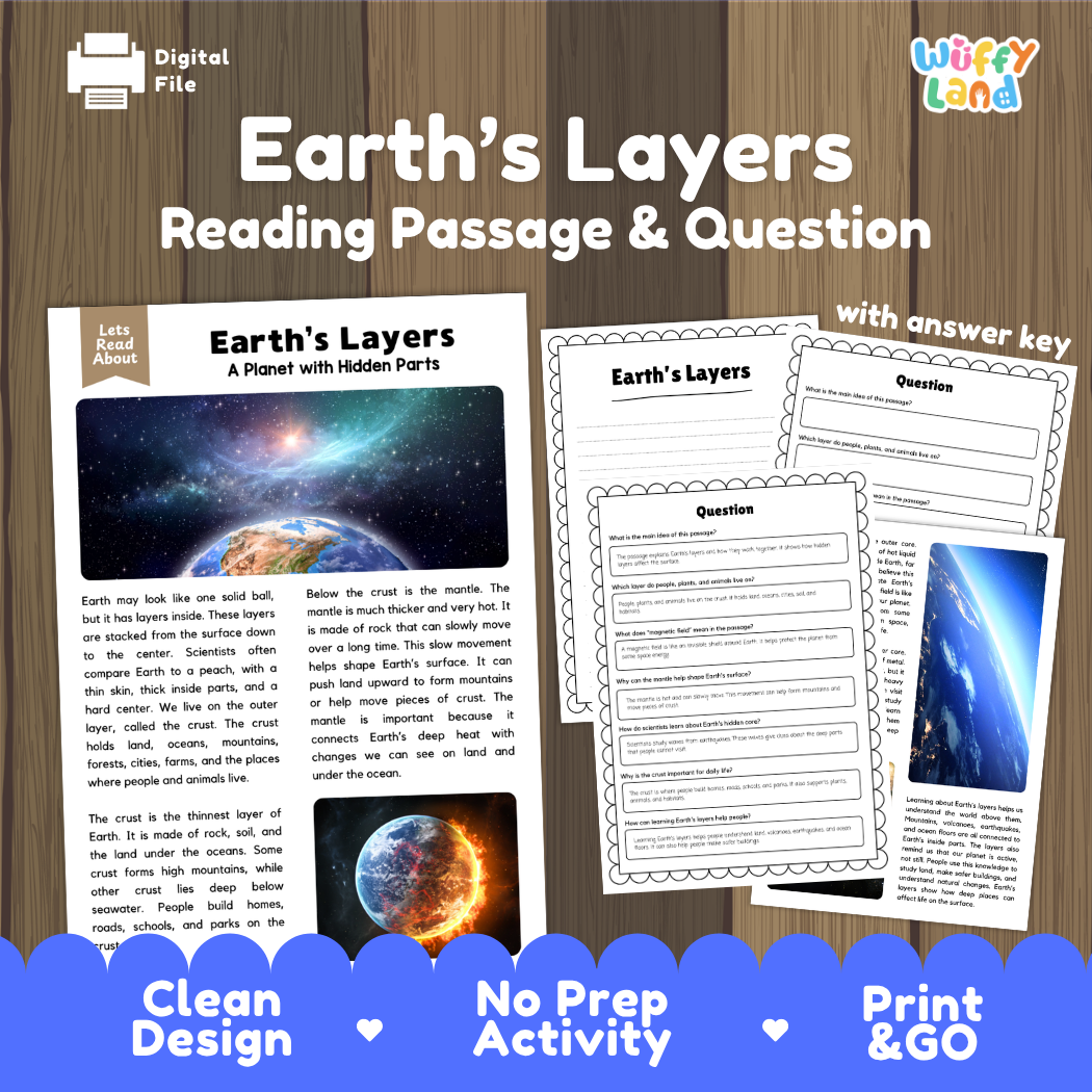 Earths layers reading comprehension passage and questions printable activity pack with answer key for elementary students