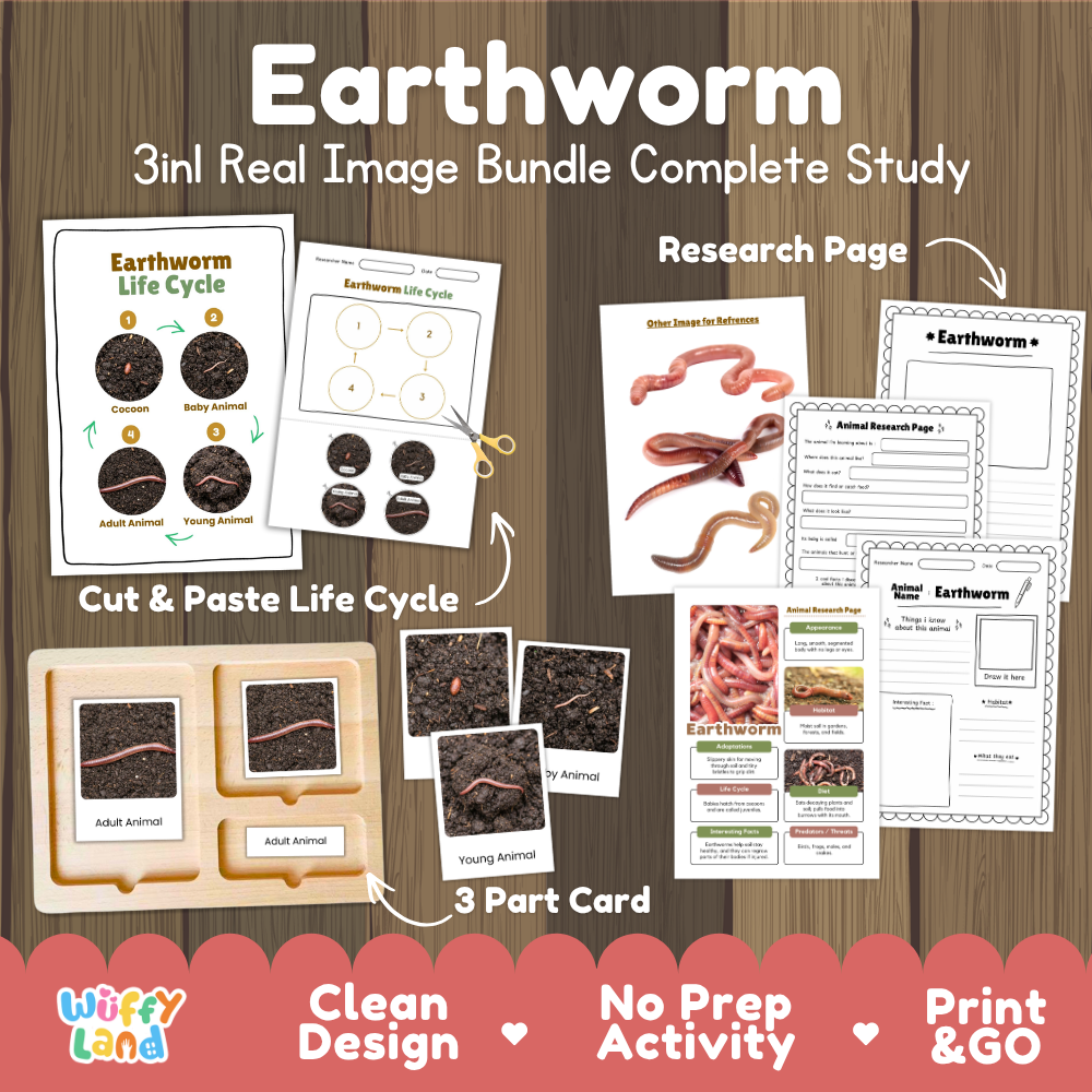 Earthworm 3-in-1 real image bundle complete study cover showing cut and paste life cycle, 3 part cards, and research pages