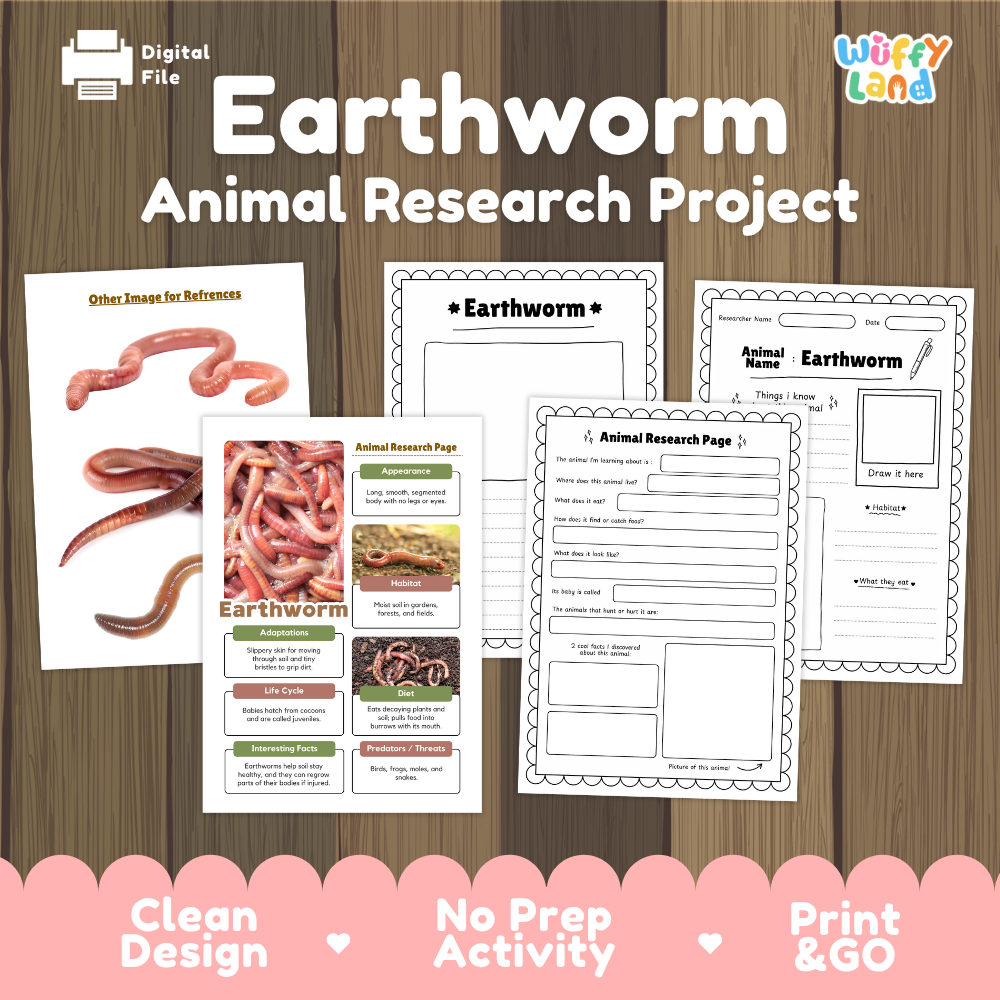 Digital download activity sheet set for an Earthworm Animal Research Project, featuring printable worksheets, an animal fact card, and a reference image on a wood-textured background with a pink banner at the bottom.