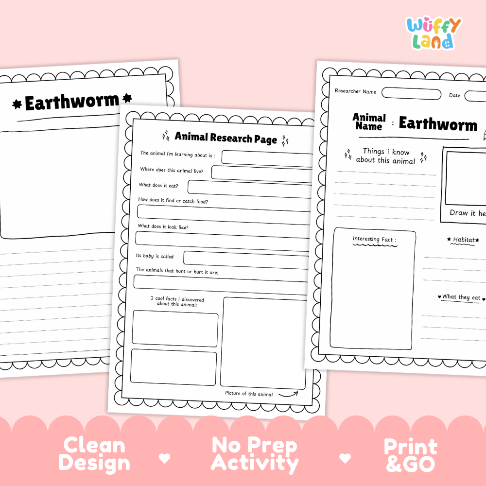 Three printable educational activity sheets for learning about earthworms, displayed on a pink background with promotional text at the bottom. The sheets feature black and white templates with writing and drawing areas, and the brand logo 'Wiffy Land' is visible in the top right corner.