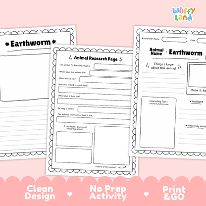 Three printable educational activity sheets for learning about earthworms, displayed on a pink background with promotional text at the bottom. The sheets feature black and white templates with writing and drawing areas, and the brand logo 'Wiffy Land' is visible in the top right corner.