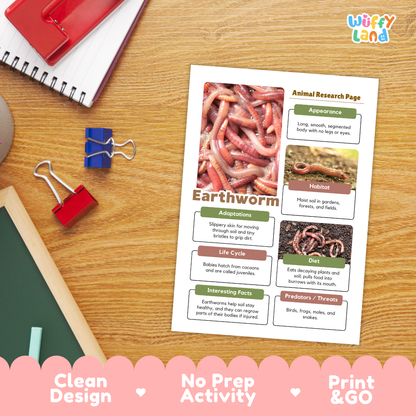 An educational activity sheet titled 'Earthworm' with sections for 'Appearance', 'Habitat', 'Adaptations', 'Life Cycle', 'Diet', and 'Predators / Prey' displayed on a wooden desk alongside school supplies.