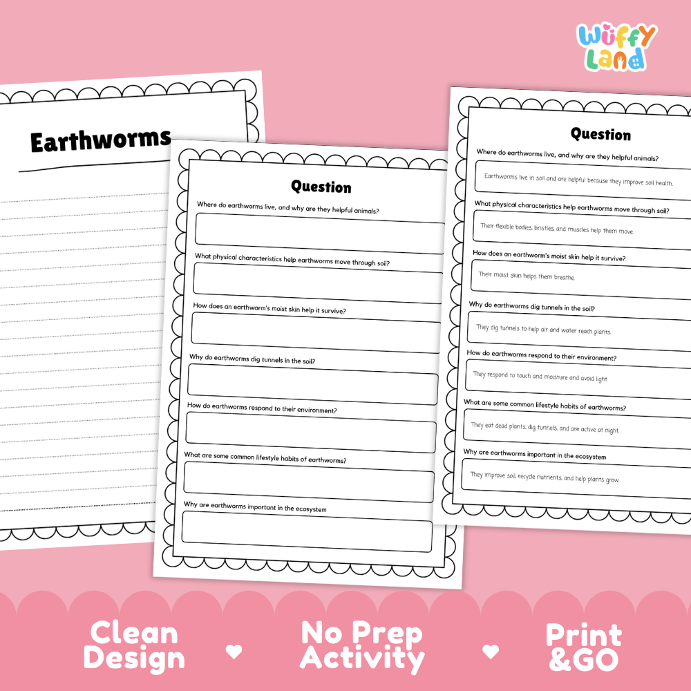 Three printable educational activity sheets about earthworms arranged on a pink background with decorative text reading 'Earthworms,' 'Question,' 'Clean Design,' 'No Prep Activity,' and 'Print & GO.' The sheets are white with black text and border lines, and the brand/logo 'Wiffy Land' appears in the top right.