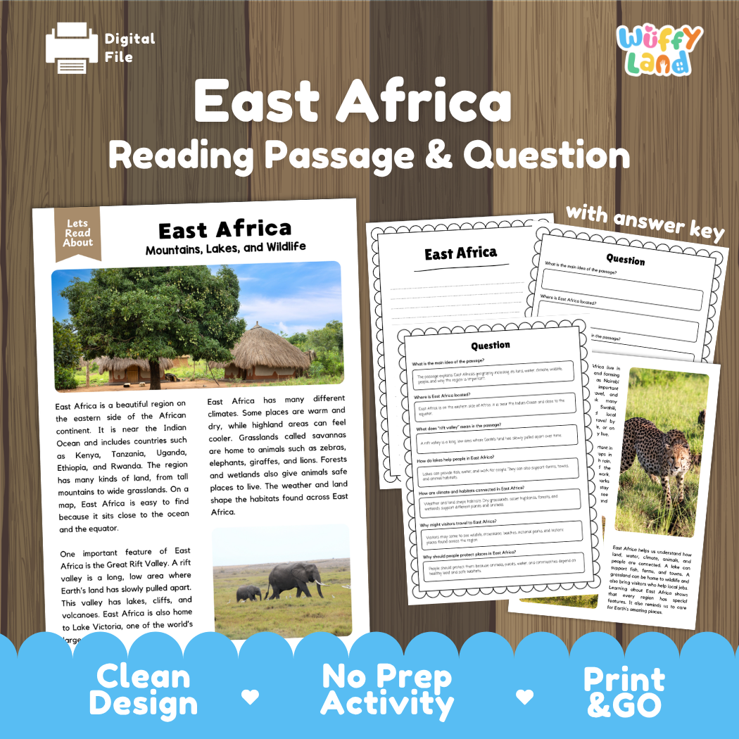 East Africa reading comprehension passage and questions printable activity pack with answer key for elementary students