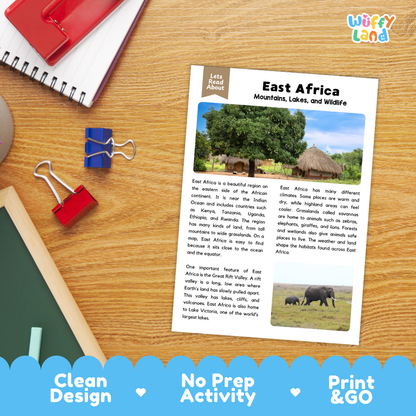 Student reading comprehension worksheet with short-answer questions and lined sections about East Africa geography