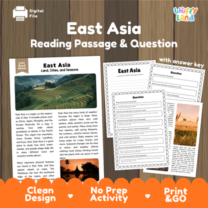 East Asia reading comprehension passage and questions printable activity pack with answer key for elementary students