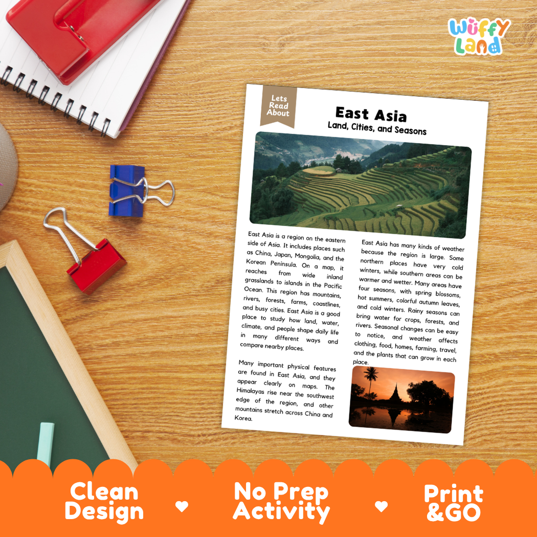 Student reading comprehension worksheet with short-answer questions and lined sections about East Asia