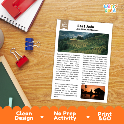 Student reading comprehension worksheet with short-answer questions and lined sections about East Asia