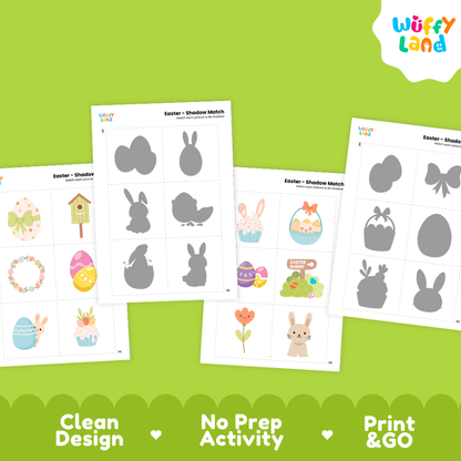 Full color Easter object cards featuring decorated eggs, bells, brown rabbit, and carrot cupcake