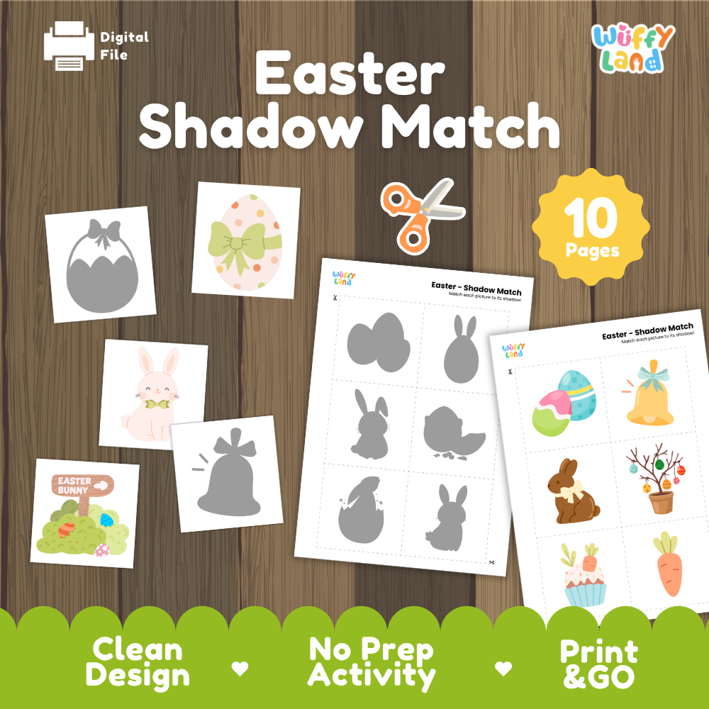 Easter shadow match activity cover showing 10-page printable pack with decorated Easter egg, bunny, bell, and shadow matching worksheets