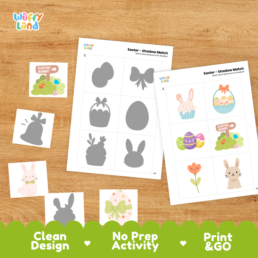 Printable shadow matching grid sheet showing silhouettes of Easter eggs, bunnies hatching, and sitting rabbits