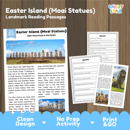Educational reading activity sheet set about Easter Island and Moai statues, shown on a wood-textured background with a blue banner at the bottom. The set includes a main reading passage, a word bank sheet, and a question sheet.