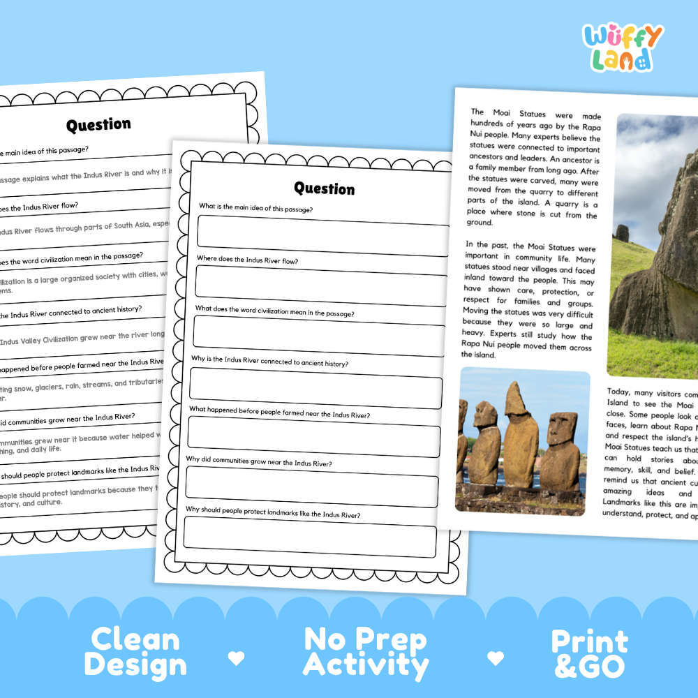Educational worksheet bundle for the Indus River system, featuring printable activity sheets and a matching poster. The sheets have a clean white design with black text and border, and the poster includes a photograph of the Mohenjo-Daro ruins.