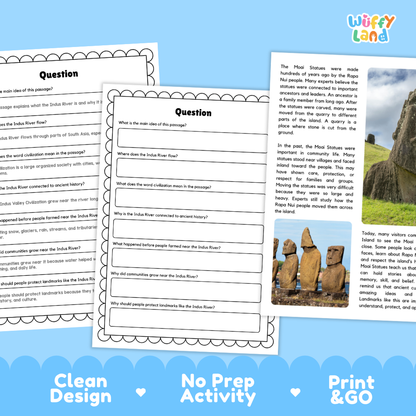 Educational worksheet bundle for the Indus River system, featuring printable activity sheets and a matching poster. The sheets have a clean white design with black text and border, and the poster includes a photograph of the Mohenjo-Daro ruins.