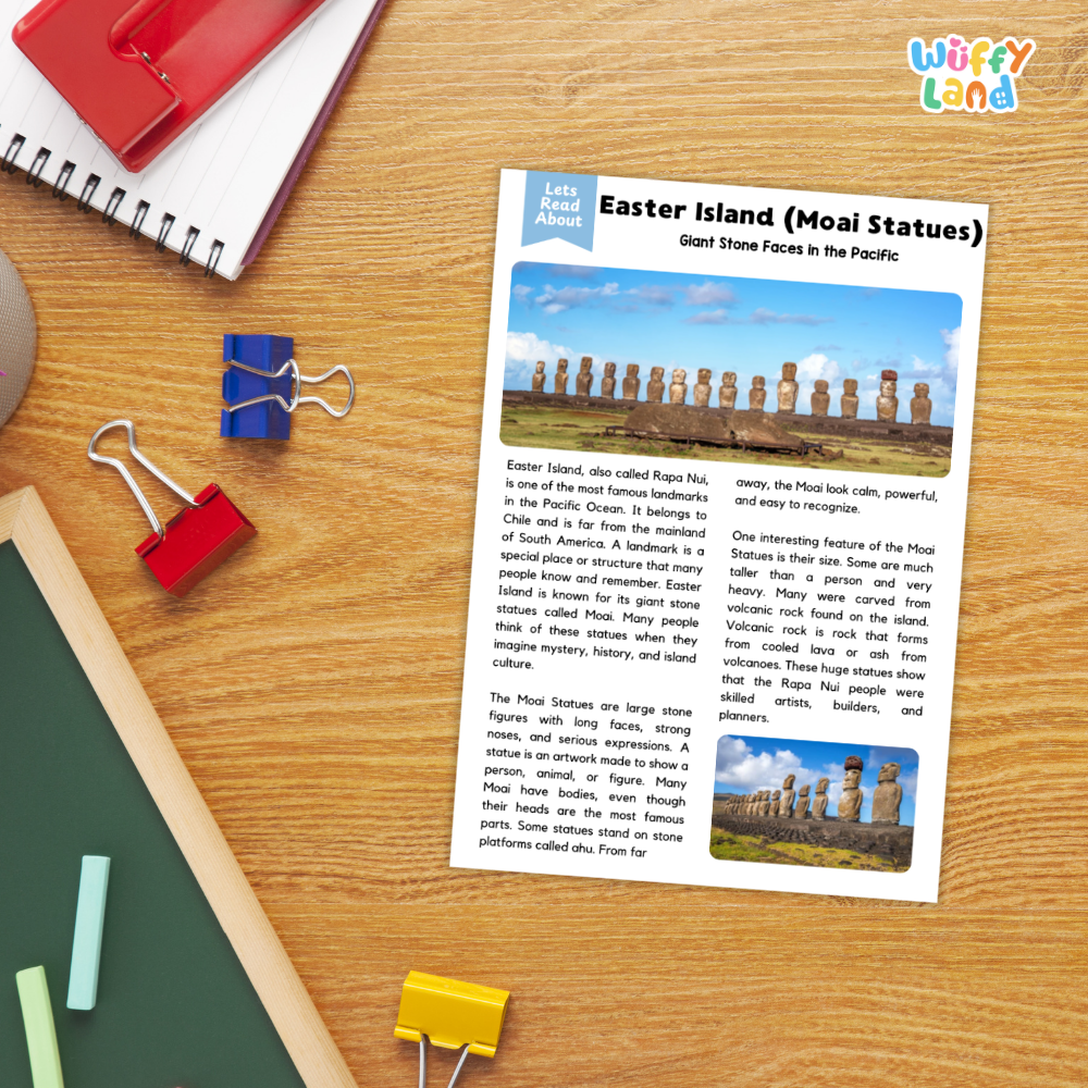 An educational poster titled 'Easter Island (Moai Statues)' laid out on a wooden desk alongside school supplies including a red notebook, blue binder clips, a green notebook, and a red pencil case.