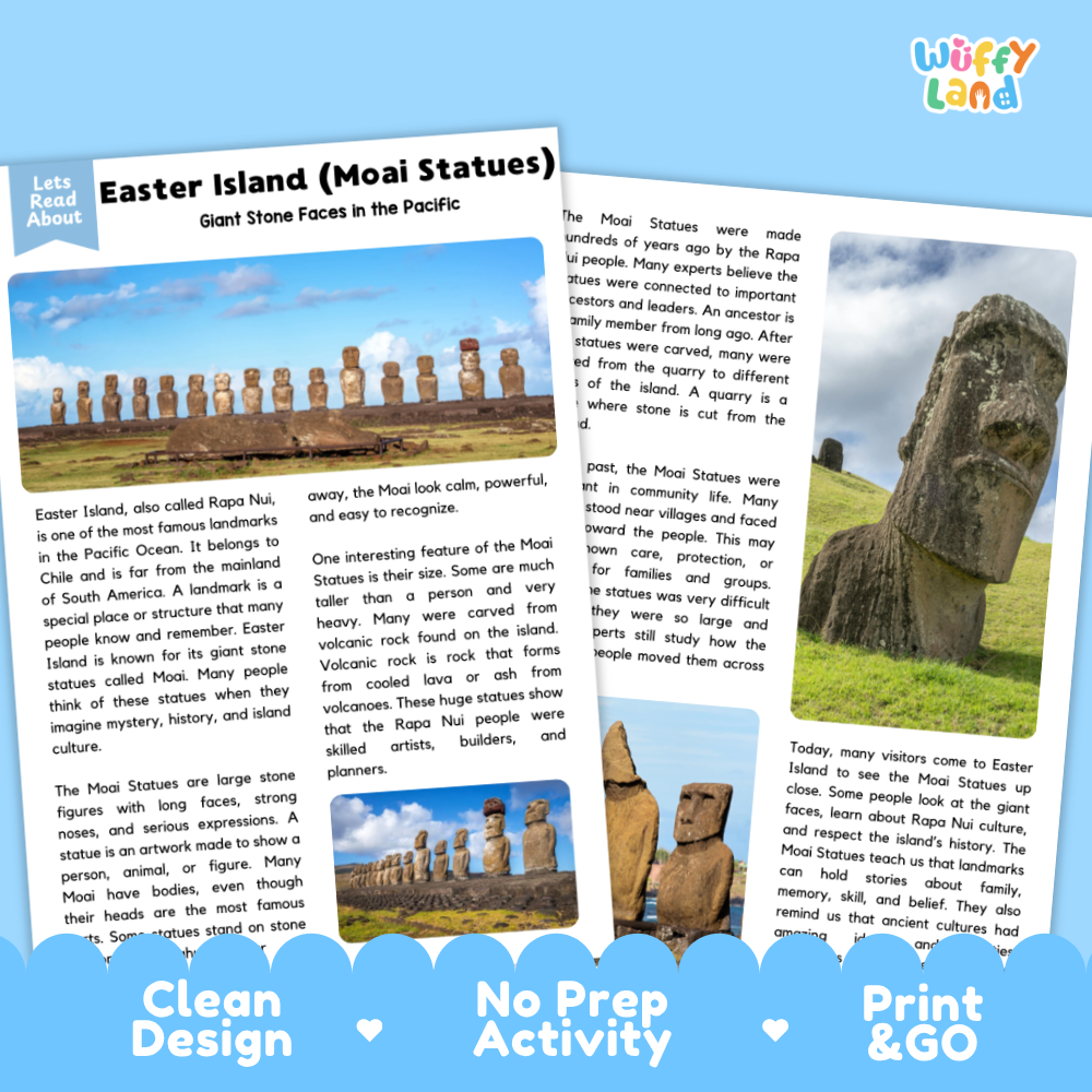 A printed educational activity sheet titled 'Easter Island (Moai Statues)' with text panels, a small photo of Moai statues, and a blue 'Wuffly Land' logo in the top right. This is not a clean product photo of a physical item in a studio or lifestyle scene; it is a digital/printable activity preview, so subject_type is Other.