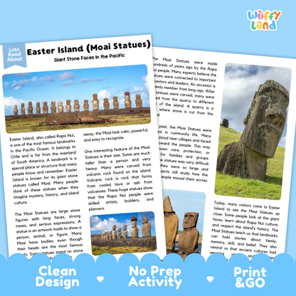 A printed educational activity sheet titled 'Easter Island (Moai Statues)' with text panels, a small photo of Moai statues, and a blue 'Wuffly Land' logo in the top right. This is not a clean product photo of a physical item in a studio or lifestyle scene; it is a digital/printable activity preview, so subject_type is Other.
