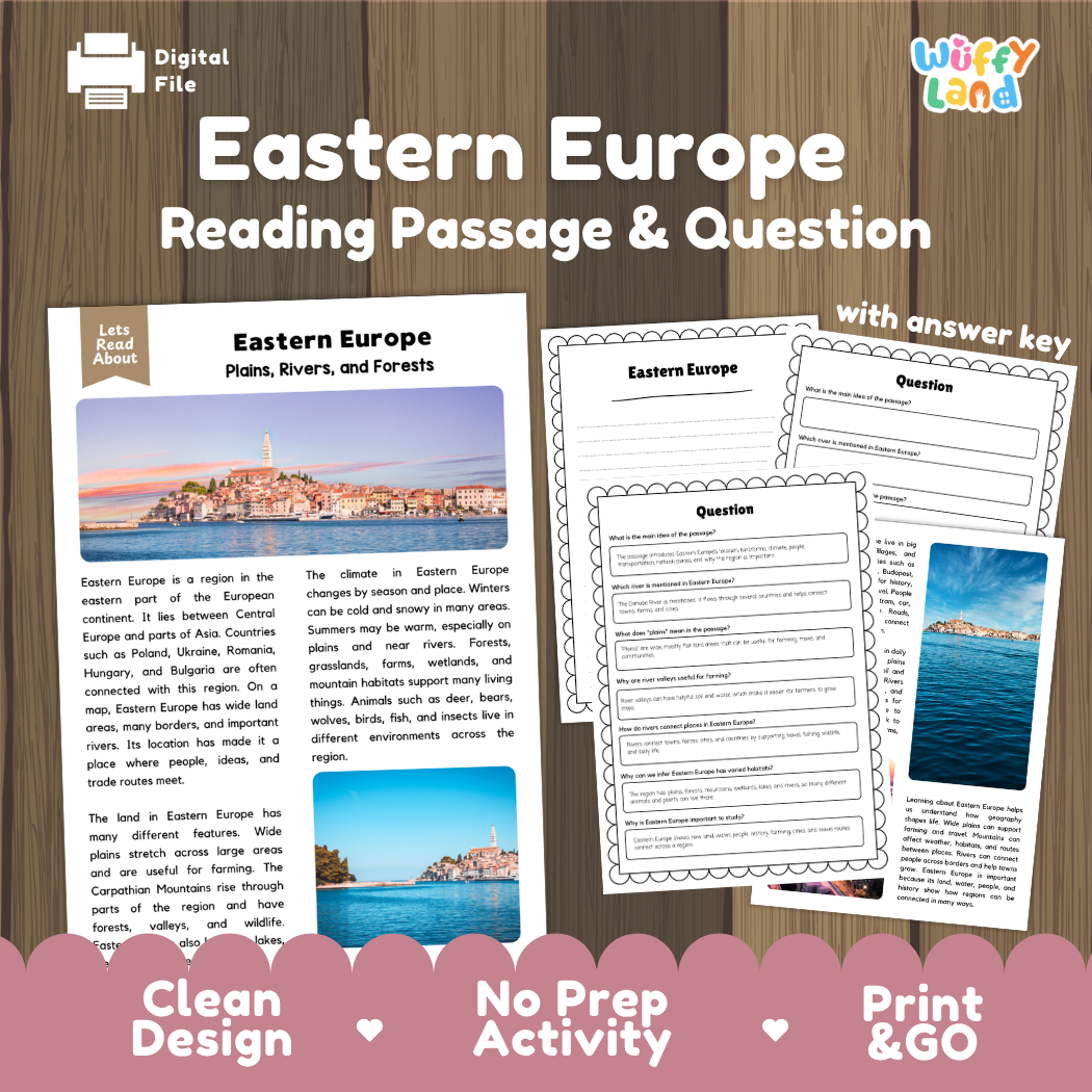 Eastern Europe reading comprehension passage and questions printable activity pack with answer key for elementary students