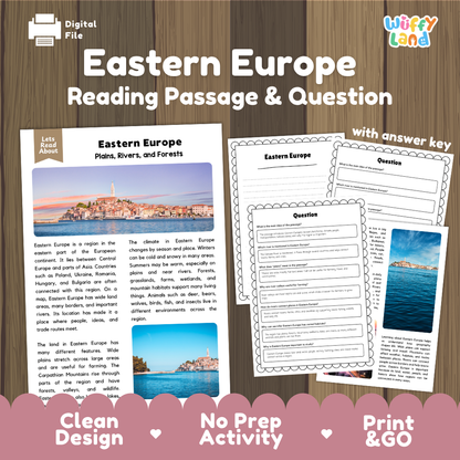 Eastern Europe reading comprehension passage and questions printable activity pack with answer key for elementary students