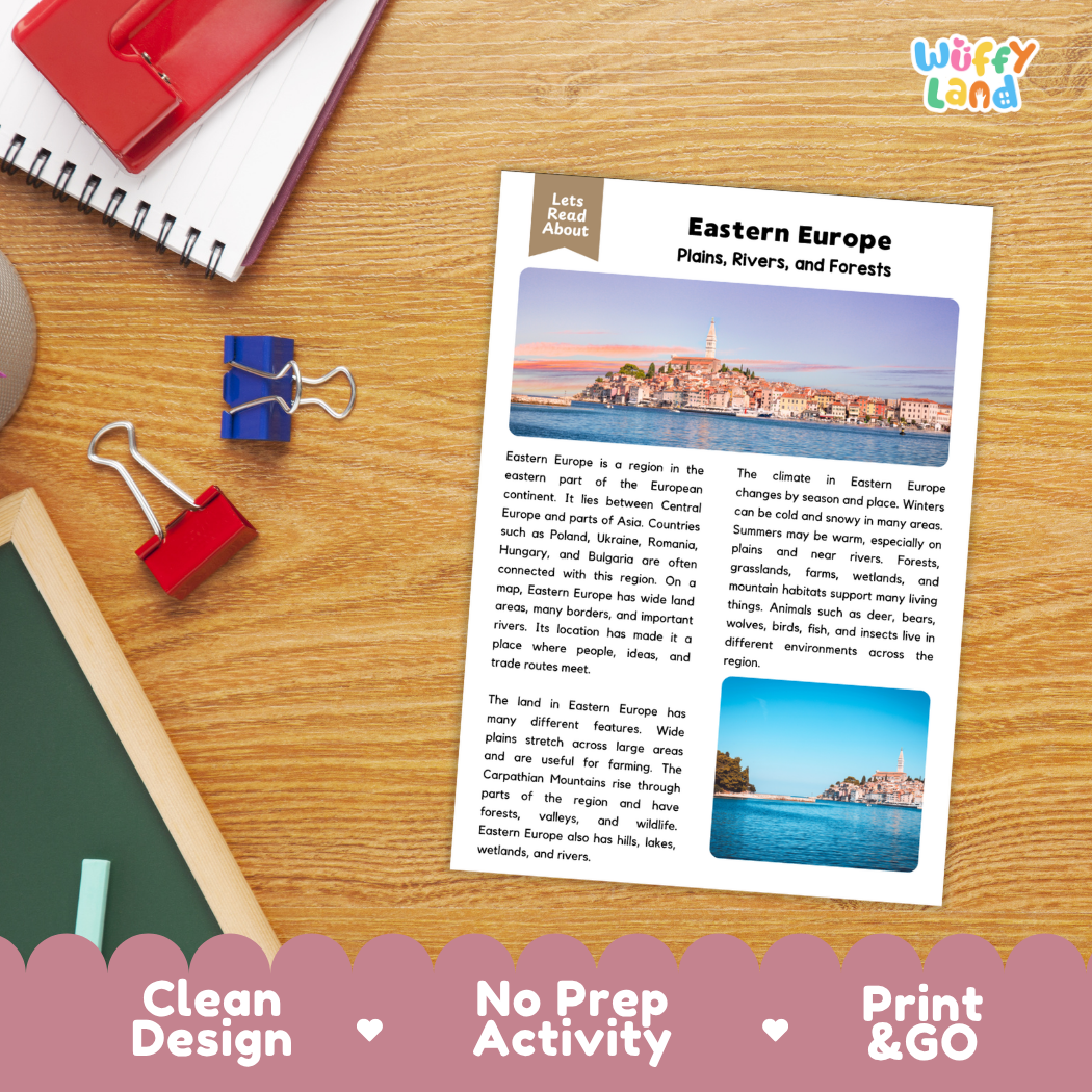 Student reading comprehension worksheet with short-answer questions and lined sections about Eastern Europe geography